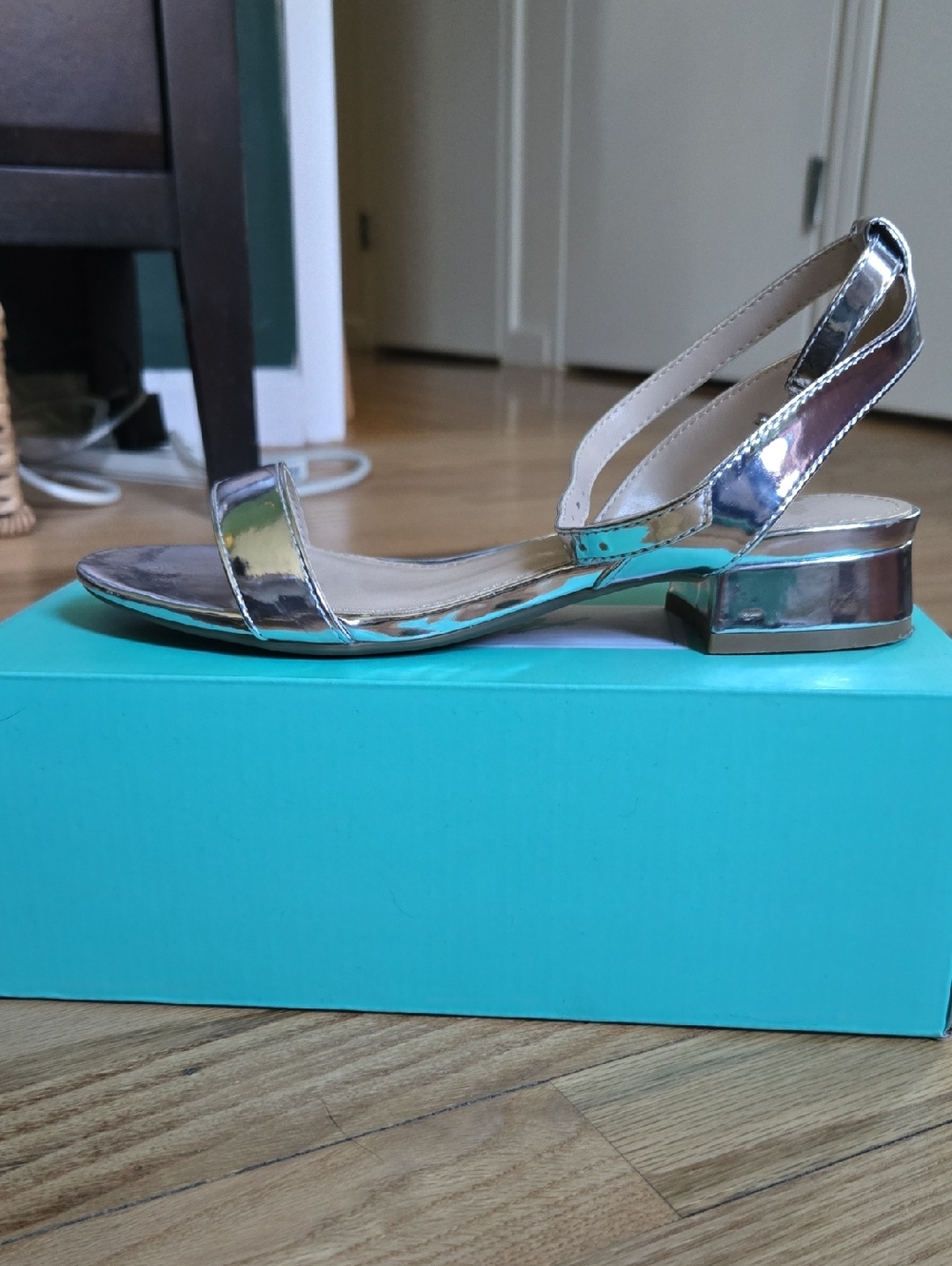 Metallic Silver Low Block Heel Women's Sandals